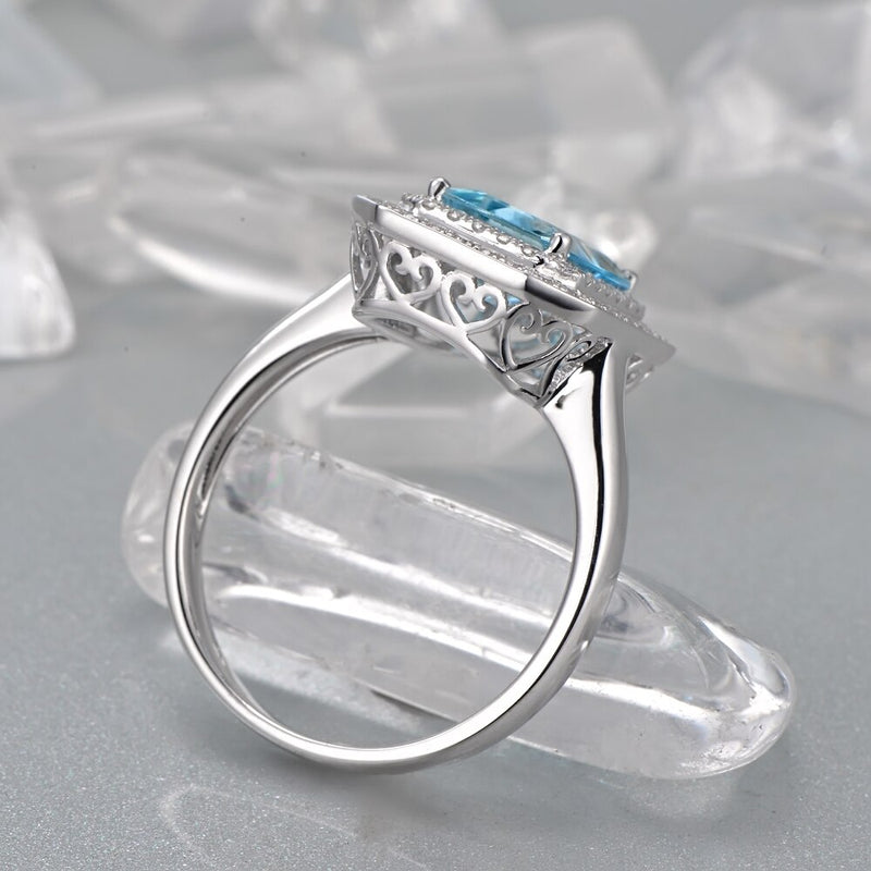 14k White Gold 2.18ct Aquamarine and Diamond Engagement Ring for Her