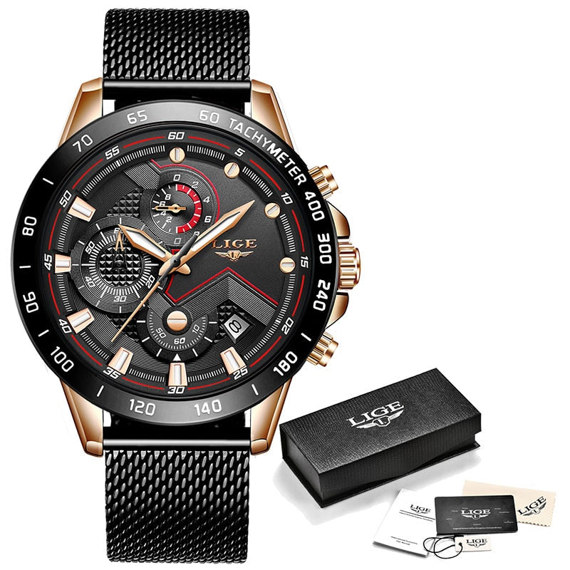 LIGE Fashion Sports Waterproof Chronograph Quartz Watch Men