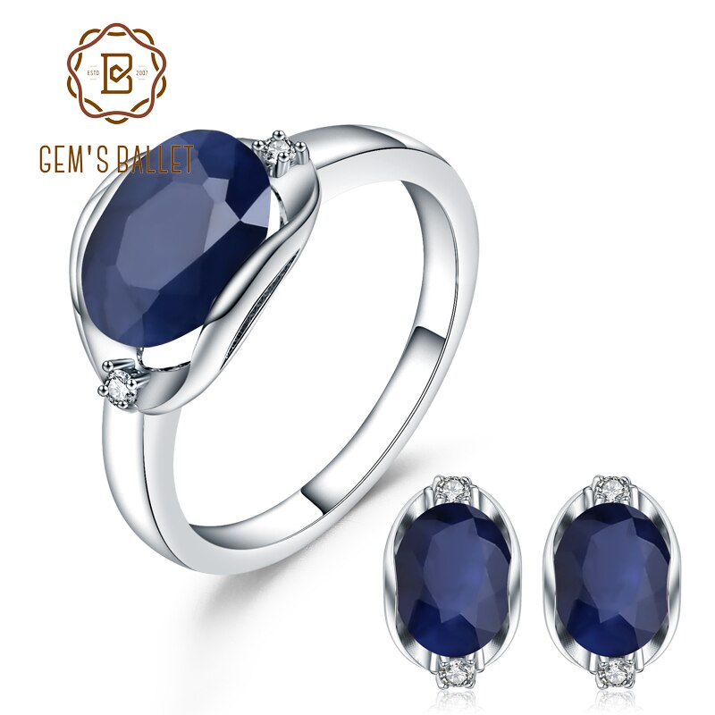 GEMS BALLET 925 Sterling Silver Natural Blue Sapphire Ring & Earrings Jewelry Set