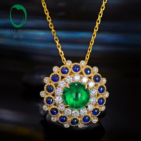 18kt Yellow Gold Emerald and Sapphire Diamond Engagement Pendant for Women