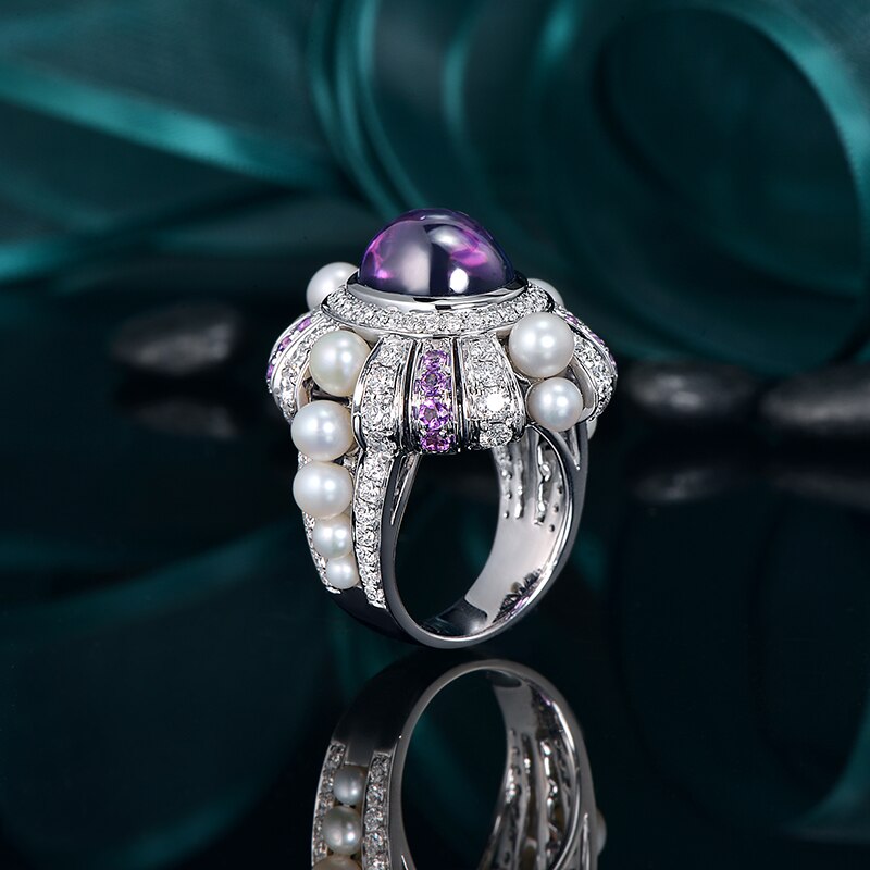 14K White Gold Engagement Ring with Amethyst and Diamonds for Women