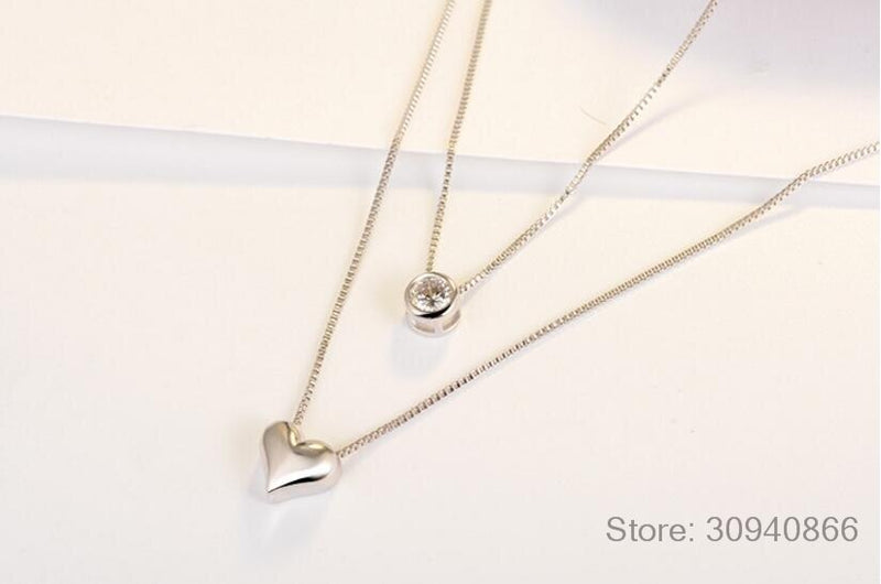 925 Sterling Silver Double Layers Collarbone CZ Love-heart Pendant Chain Necklace