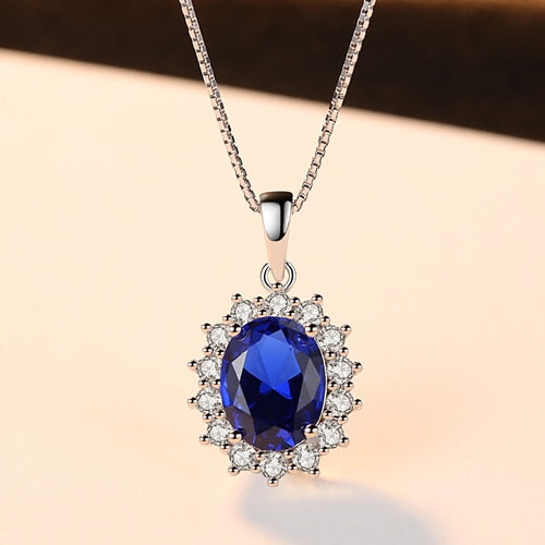 CZCITY Elegant Oval Princess Diana Sapphire Pendant Necklace 925 Sterling Silver