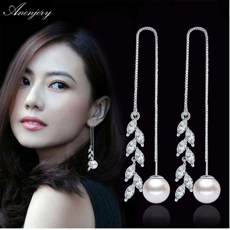 Sterling Silver Cubic Zircon Leaf Pearl Tassel Earrings for Women