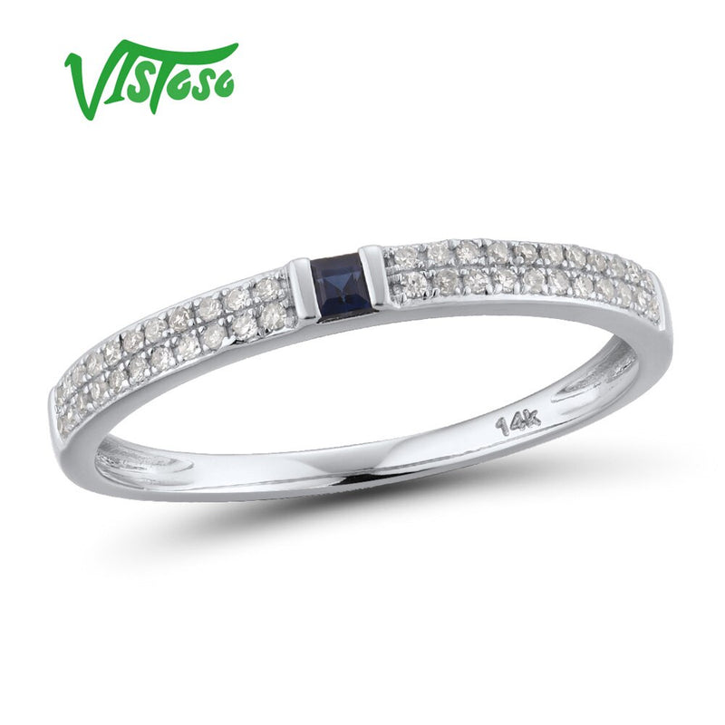 VISTOSO Genuine 14K White Gold Sparkling Diamond Fancy Ruby/ Blue Sapphire Stackable Ring