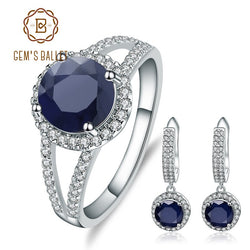 GEMS BALLET 925 Sterling Silver Natural Blue Sapphire Earrings & Ring Jewelry Set
