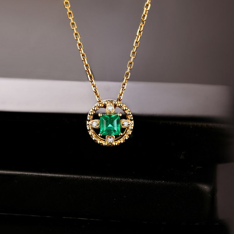 14k Yellow Gold Emerald and Diamond Vintage Pendant for Her