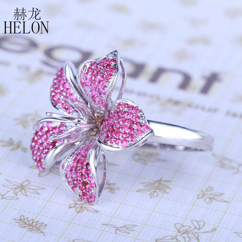 White Gold 1.3CT Natural Ruby & Diamonds Flower Ring for Women