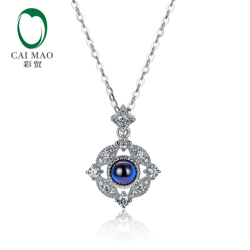 14k White Gold Sapphire and Diamond Milgrain Bezel Pendant for Her