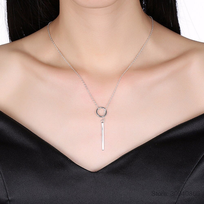 925 Sterling Silver Fashion Long Necklace & Circle Pendant