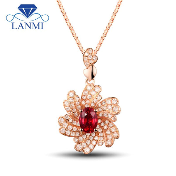 14K Rose Gold Oval Cut Diamond and Ruby Pendant Necklace for Women