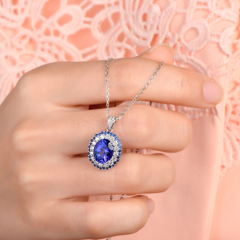 White Gold Tanzanite & Diamond Sapphire Pendant for Her