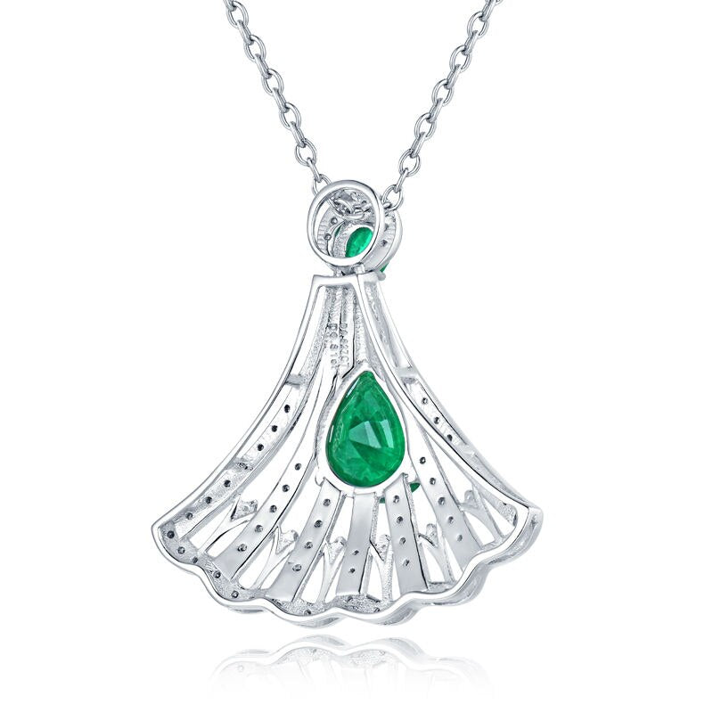 14K White Gold Emerald Fan Shape Pendant Necklace for Women