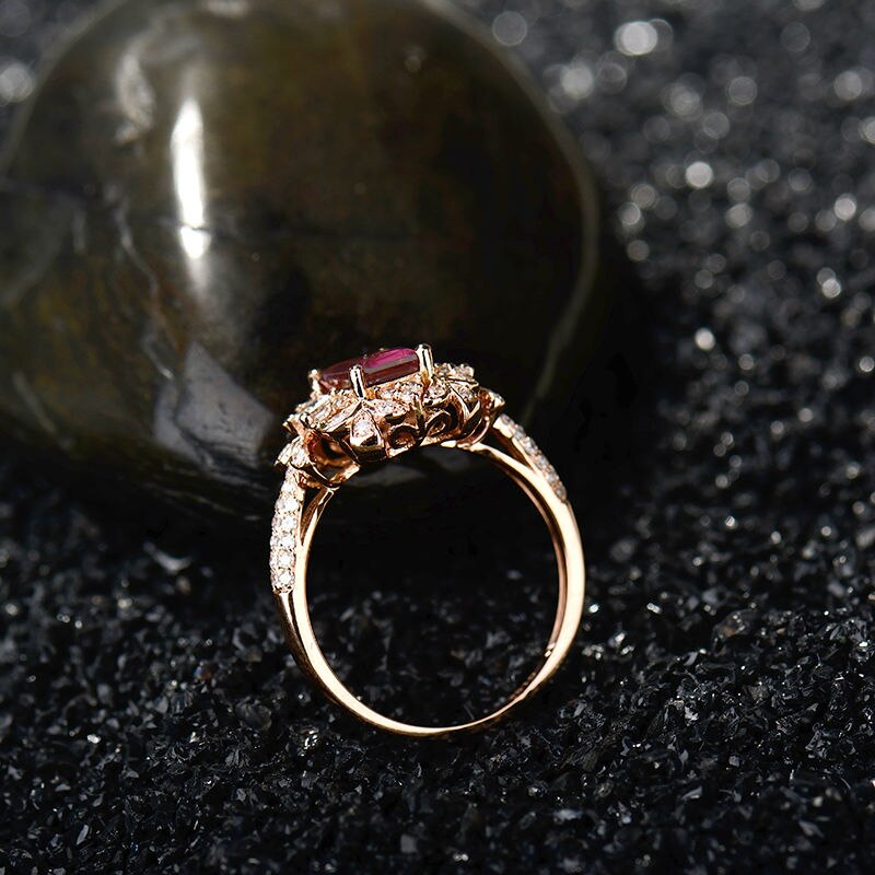 Rose Gold Tourmaline Flower Diamond Ring - Exquisite Emerald Cut & 5X7mm Natural Gemstone FOR HER