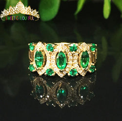 18K Gold Lab Created Emerald and Moissanite Diamond Ring for Women