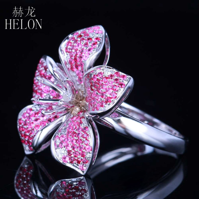 White Gold 1.3CT Natural Ruby & Diamonds Flower Ring for Women