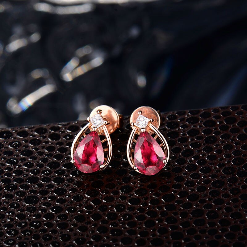 14k Rose Gold Pear Pink Tourmaline Diamond Stud Earrings for Women