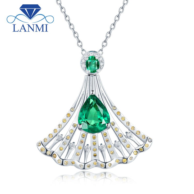 14K White Gold Emerald Fan Shape Pendant Necklace for Women