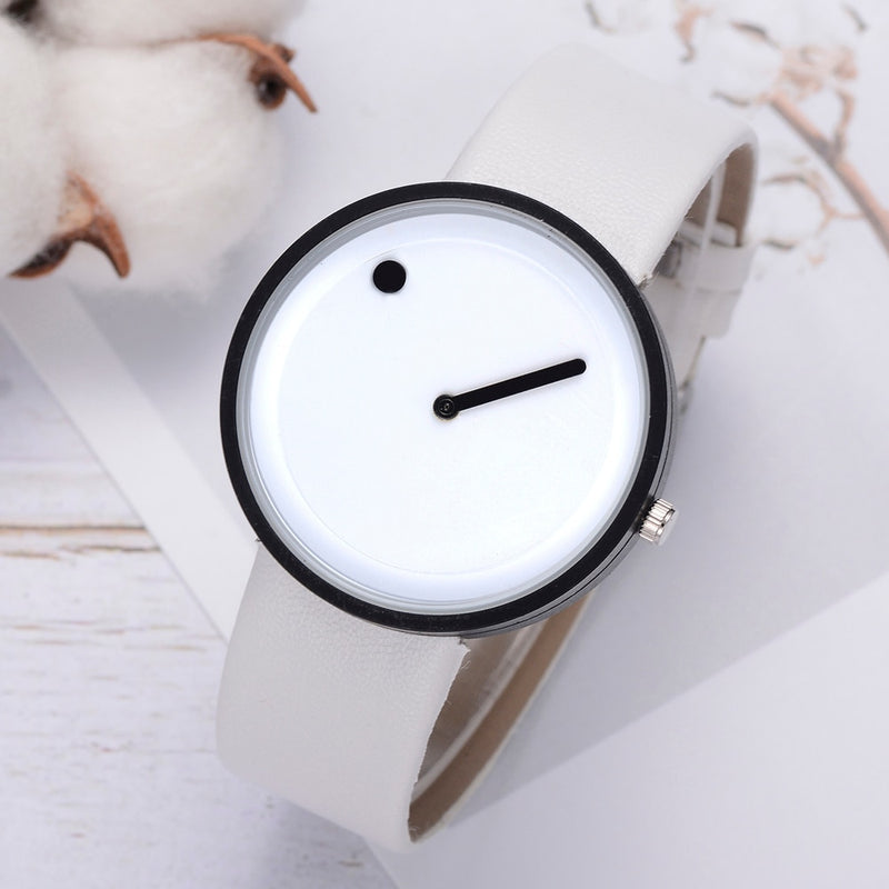 Creative Black White Design Dot & Line Simple Face Quartz Leather Wristwatch