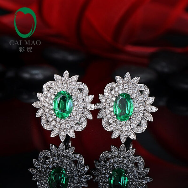 14k White Gold Emerald Diamond Earrings for Women