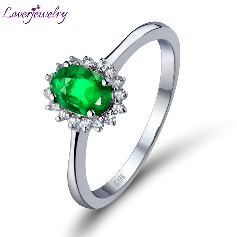 LOVERJEWELRY Rings Emerald For Women Luxury Fine Jewelry 18Kt White Gold Natural Green Emerald Diamonds Wedding Diana Ring