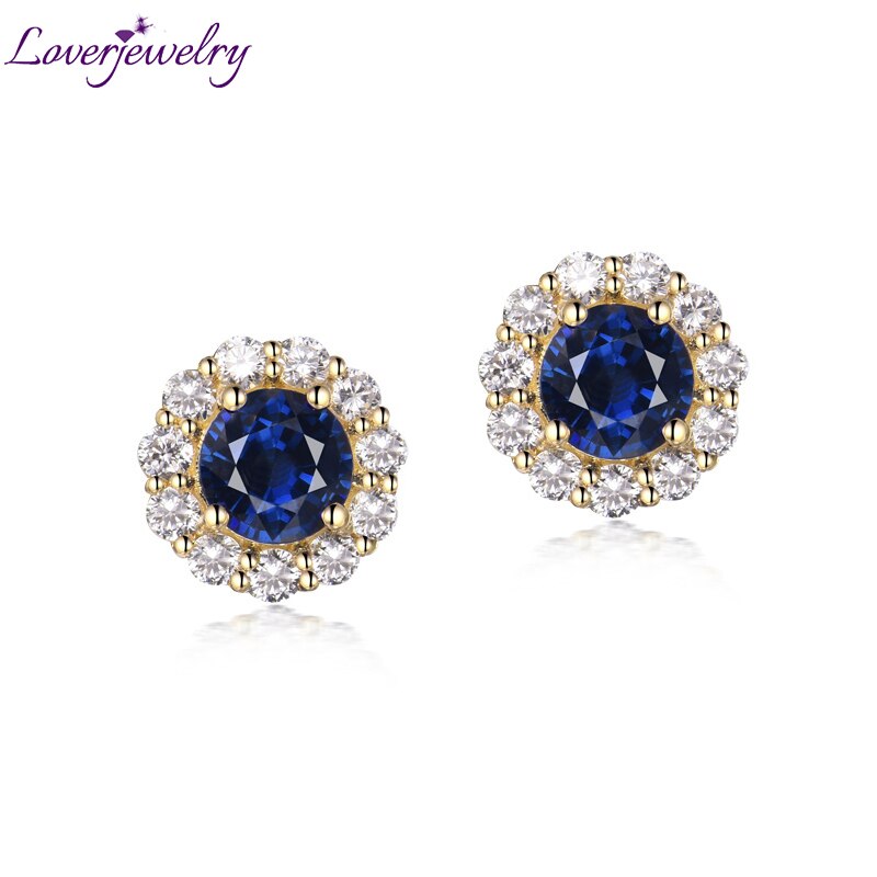 18KT Yellow Gold Sapphire Diamond Stud Earrings for Women