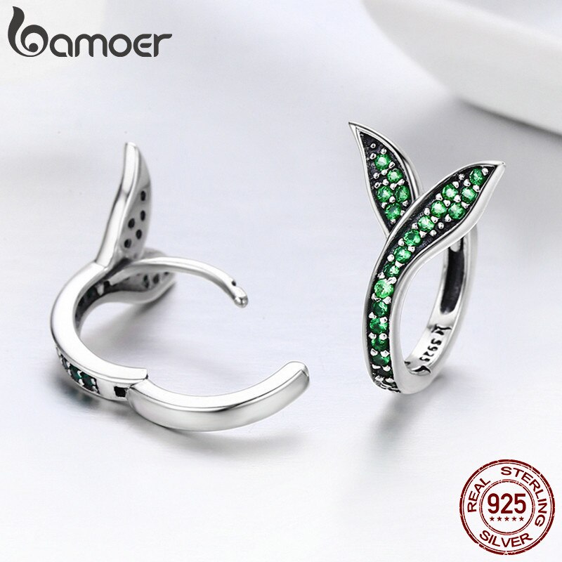 BAMOER 925 Sterling Silver Spring Collection Flower Buds Green CZ Hoop Earrings for Women Sterling Silver Jewelry SCE295
