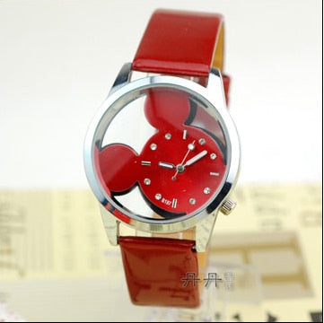 Fashion Transparent Hollow Cartoon Mickey Quartz Leather Strap Watch