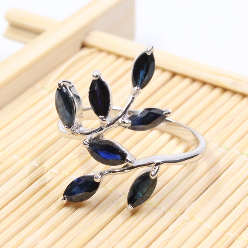 925 Sterling Silver Natural 7 pcs 3 mm * 6 mm Dark Blue Sapphire Leaves Ring