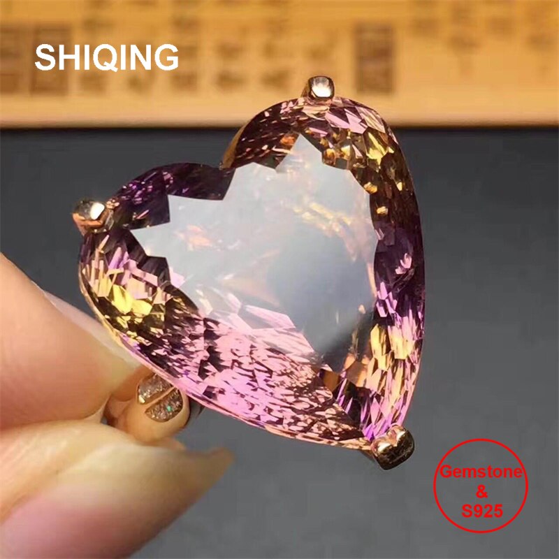 SHIQING 925 Sterling Silver Genuine Heart-Shaped Ametrine Resizable Ring