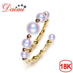 DAIMI 18K Yellow Gold 5-5.5mm White Stunning Perfectly Round Pearl Adjustale Ring