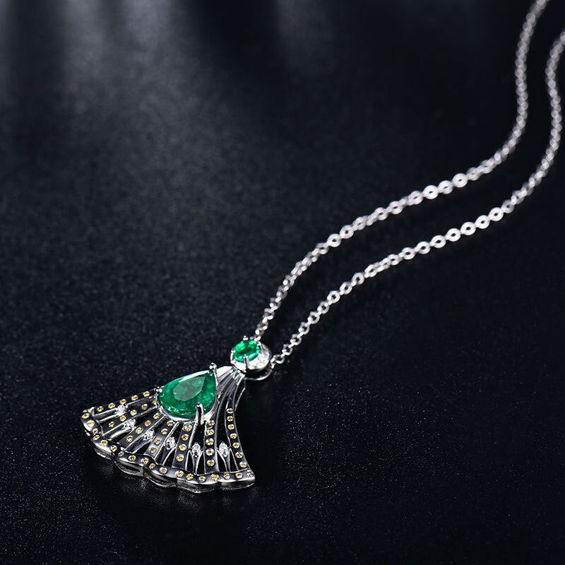 14K White Gold Emerald Fan Shape Pendant Necklace for Women