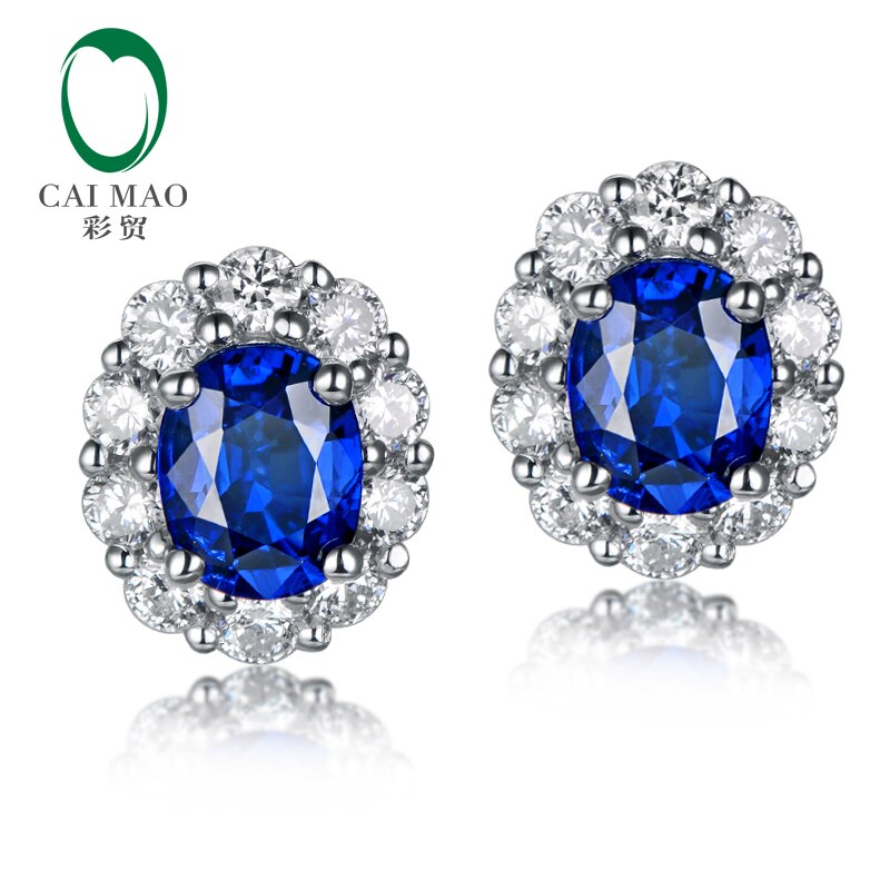 14K White Gold 0.76ct Blue Sapphire and 0.38ct Halo Diamond Earrings for Women