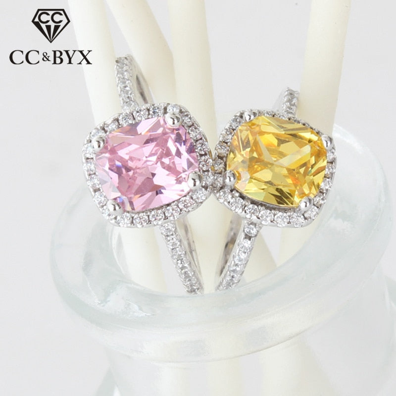 CC Rings For Women 925 Silver Bridal Wedding Cubic Zirconia Rectangle Pink/Yellow Stone Engagement Ring Bijoux Femme CC596