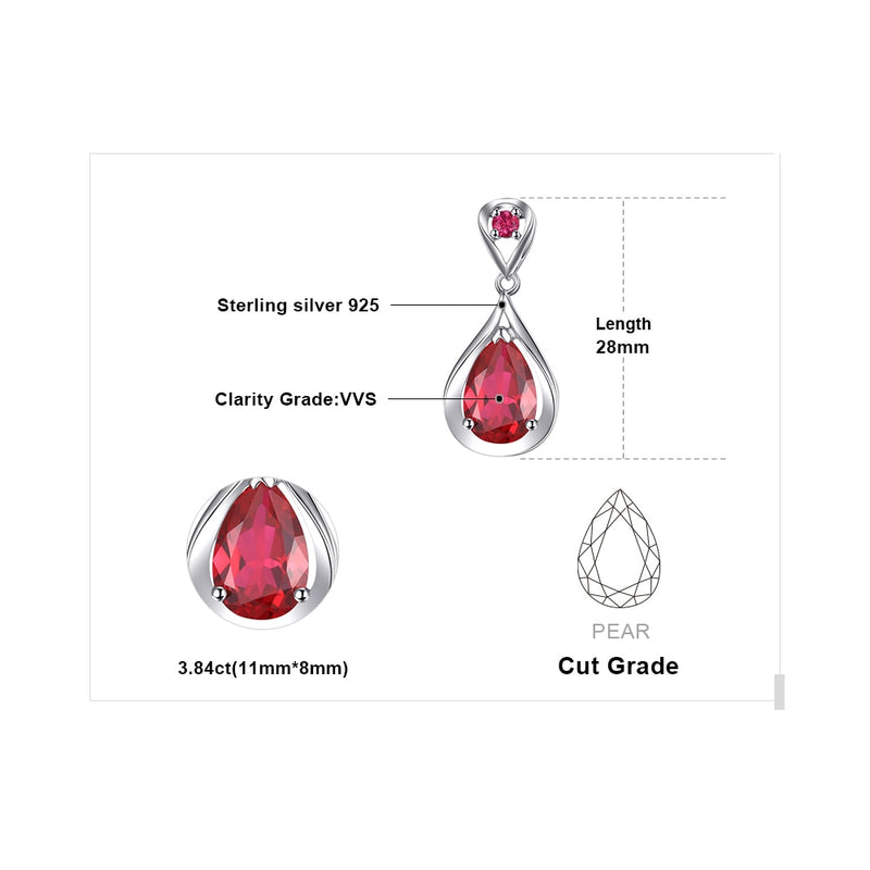 925 Sterling Silver Water Drop Red Ruby 3.8 ctw Pendant Necklace for Women