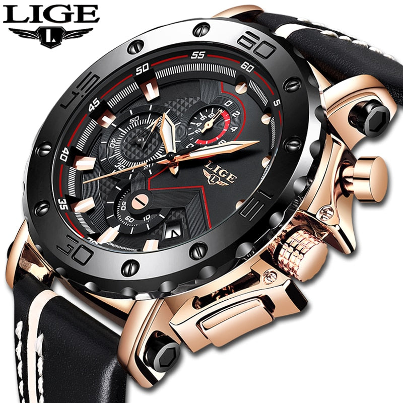 LIGE Luxury Big Dial Military Quartz Leather Waterproof Watch Men