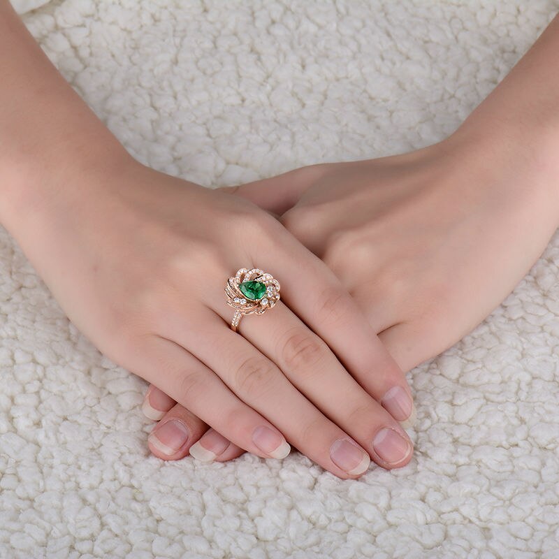 18K Rose Gold Colombian Emerald Pear Cut Engagement Ring