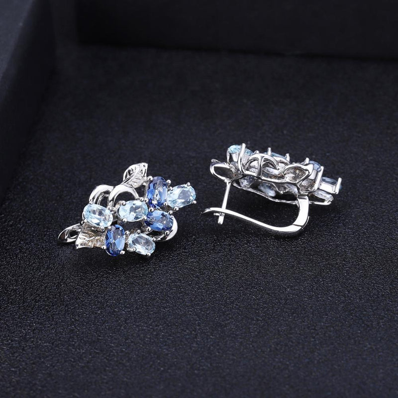 GEMS BALLET 925 Sterling Silver Natural Sky Blue Topaz Mystic Quartz Classic Leaves Ring Earrings & Pendant Jewelry Set