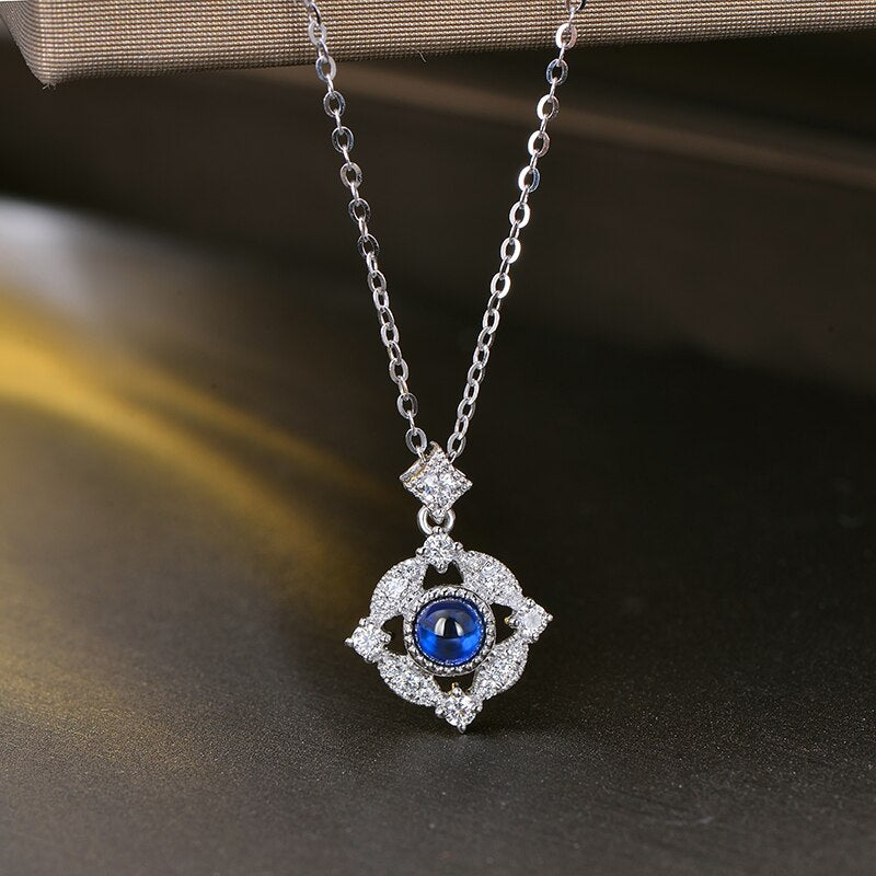 14k White Gold Sapphire and Diamond Milgrain Bezel Pendant for Her