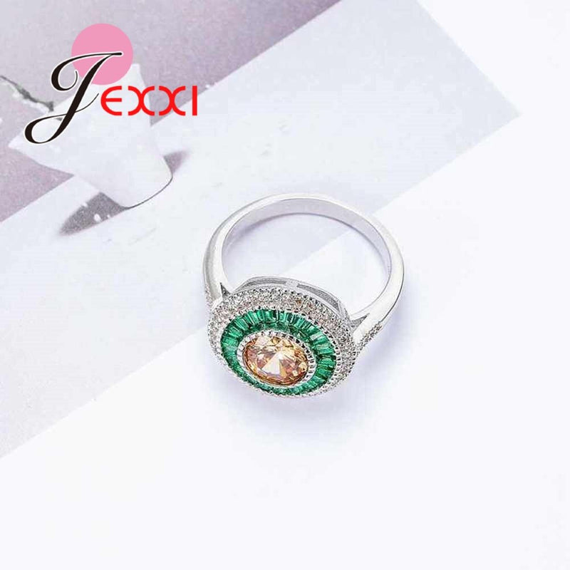 Fashoin Green & Champagne Cubic Zirconia Round Finger Rings 925 Sterling Silver Jewelry for Women Girls Wedding Bague