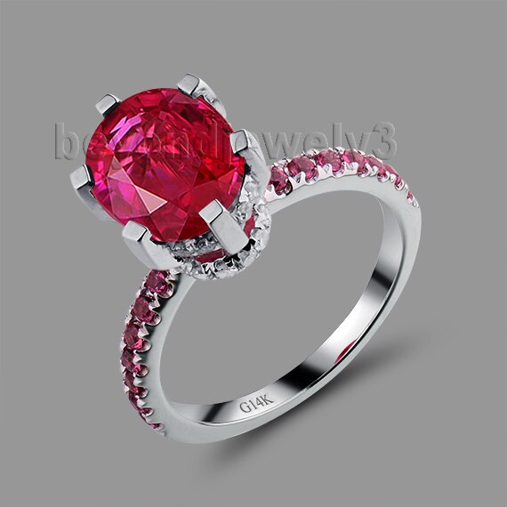 14K White Gold Red Ruby Ring for Women