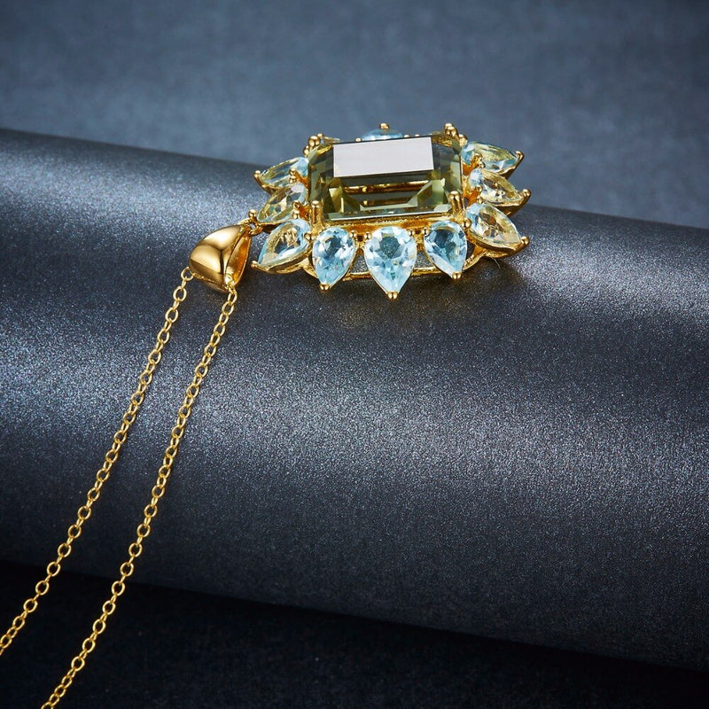 Hutang 925 Sterling Silver Natural 9ct Green Amethyst Blue Topaz Pendant & Yellow Gold Necklace