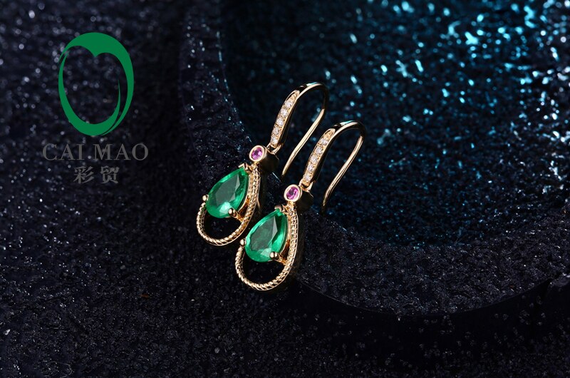 14k Yellow Gold Emerald & Diamond Pink Sapphire Engagement Earrings for Women