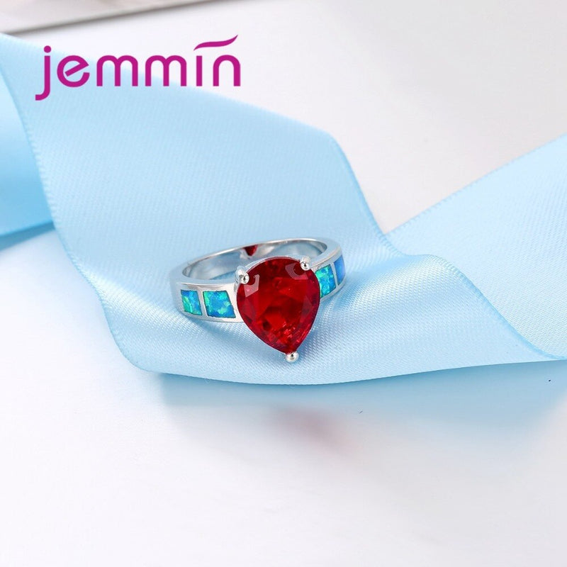 Luxury Red Water Drop Crystal Engagement Promise Rings For Lover Blue Fire Opal 925 Sterling Silver Ring For Wedding