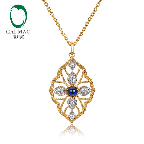 14k Yellow Gold Blue Sapphire and Diamond Milgrain Bezel Pendant for Women