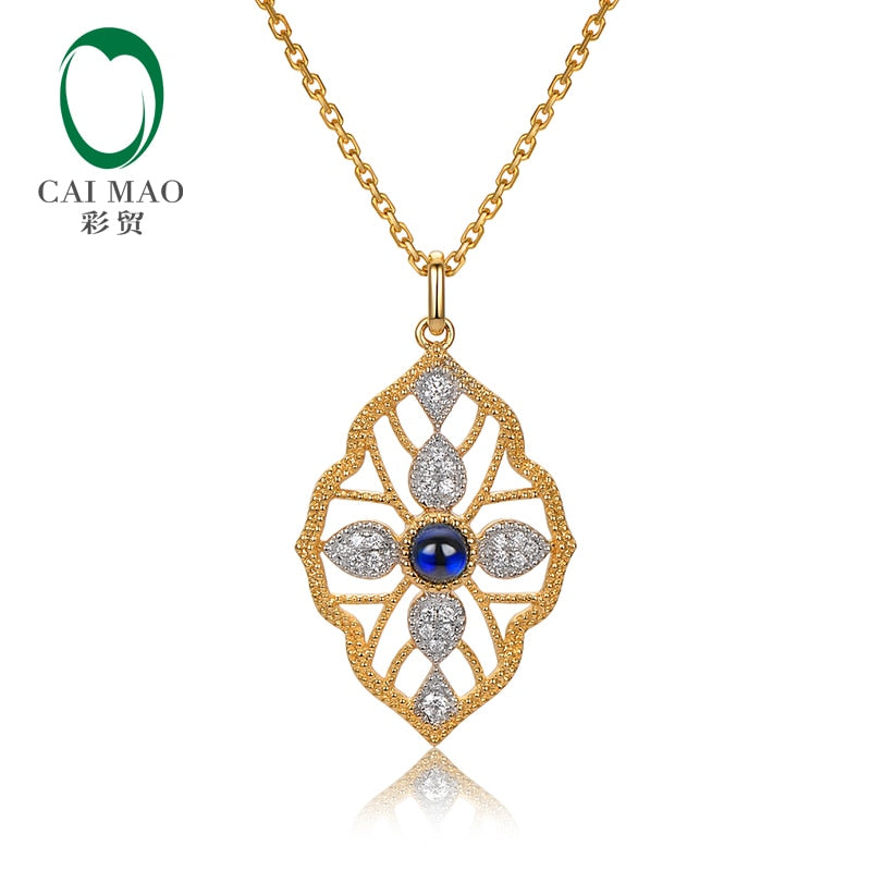 Caimao 14k Yellow Gold Natural Cabochon Cut Blue Sapphire & Diamonds Milgrain Bezel Pendant