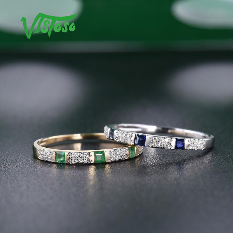 14K Yellow/White Gold Diamond and Blue Sapphire Emerald Ring for Women