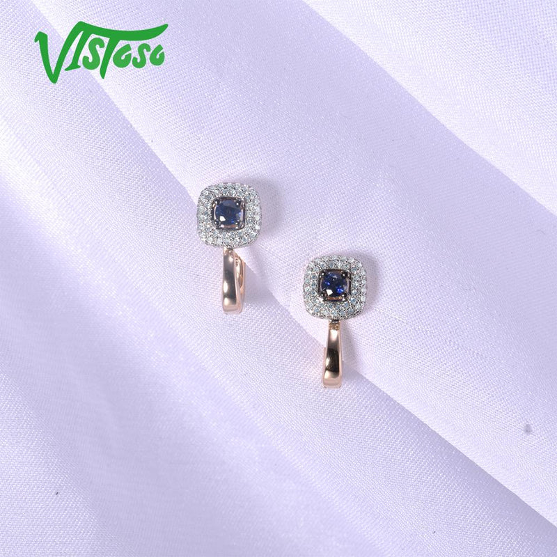 VISTOSO 14K 585 Rose Gold Sparkling Blue Sapphire Luxury Diamond Earrings