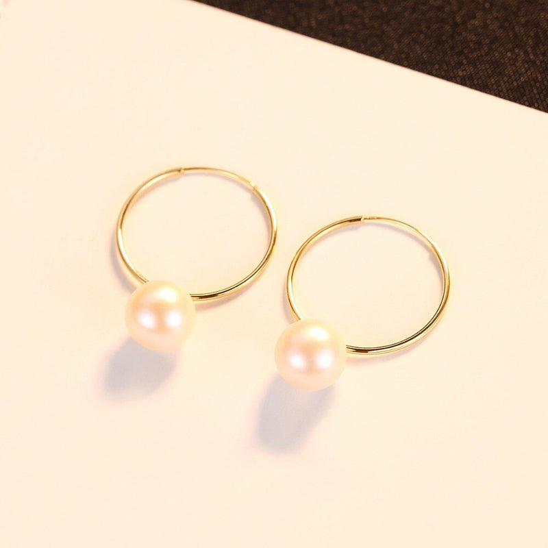 CZCITY Real 18K Gold Natural Elegant 7-7.5mm Freshwater Round Pearl Hoop Earrings