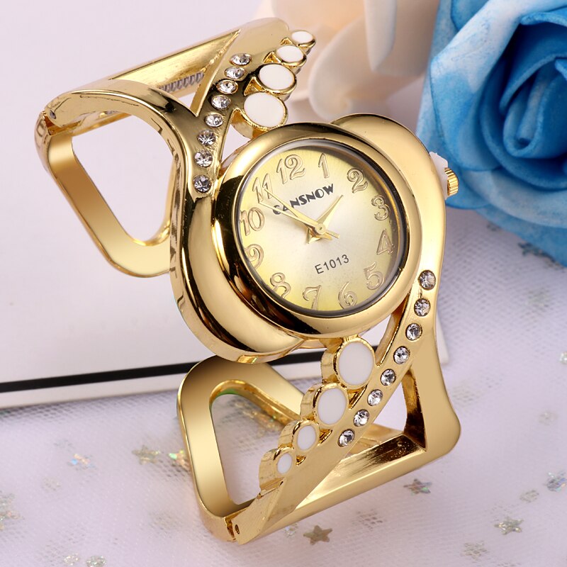 Gold-Plated Quartz Crystal Rhinestone Bracelet Watch for Women